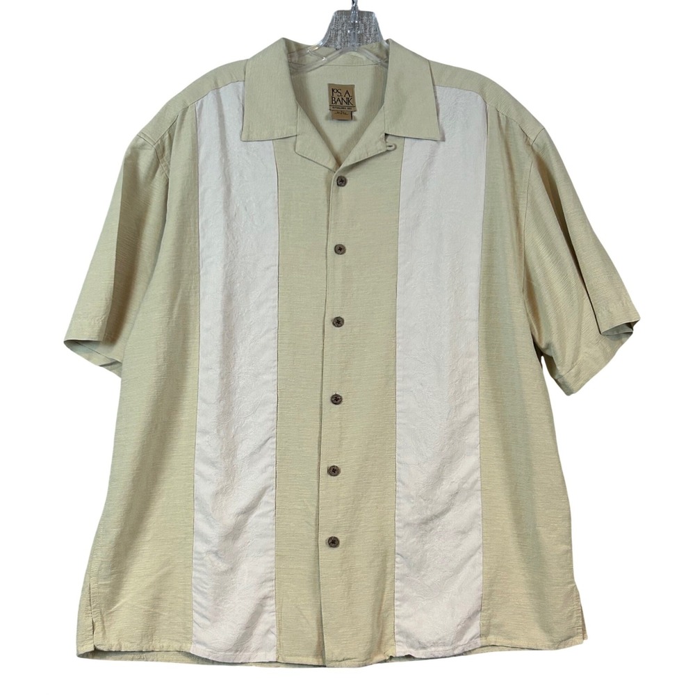 Jos A Bank Mens Large Beige Silk Bowling Camp Shirt Summer Guayabera Bowler Loop